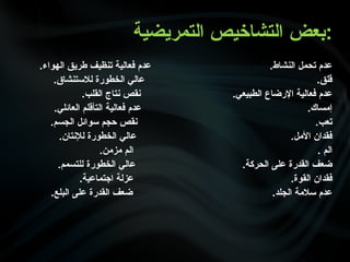 .‫الهواء‬ ‫طريق‬ ‫تنظيف‬ ‫فعالية‬ ‫عدم‬ .‫النشاط‬ ‫تحمل‬ ‫عدم‬
.‫لالستنشاق‬ ‫الخطورة‬ ‫عالي‬ .‫قلق‬
.‫القلب‬ ‫نتاج‬ ‫نقص‬ .‫الطبيعي‬ ‫اإلرضاع‬ ‫فعالية‬ ‫عدم‬
.‫العائلي‬ ‫التأقلم‬ ‫فعالية‬ ‫عدم‬ .‫إمساك‬
.‫الجسم‬ ‫سوائل‬ ‫حجم‬ ‫نقص‬ .‫تعب‬
.‫لإلنتان‬ ‫الخطورة‬ ‫عالي‬ .‫األمل‬ ‫فقدان‬
.‫مزمن‬ ‫الم‬ . ‫الم‬
.‫للتسمم‬ ‫الخطورة‬ ‫عالي‬ .‫الحركة‬ ‫على‬ ‫القدرة‬ ‫ضعف‬
.‫اجتماعية‬ ‫عزلة‬ .‫القوة‬ ‫فقدان‬
.‫البلع‬ ‫على‬ ‫القدرة‬ ‫ضعف‬ .‫الجلد‬ ‫سالمة‬ ‫عدم‬
‫بعض‬
‫التمريضية‬ ‫التشاخيص‬ :
 