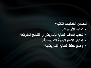 :‫التالية‬ ‫الفعاليات‬ ‫تتضمن‬
•
.‫األولويات‬ ‫تحديد‬
•
.‫المتوقعة‬ ‫النتائج‬ ‫و‬ ‫بالمريض‬ ‫العناية‬ ‫أهداف‬ ‫تحديد‬
•
.‫التمريضية‬ ‫اإلستراتيجية‬ ‫اختيار‬
•
‫التمريضية‬ ‫العناية‬ ‫خطط‬ ‫وضع‬
:)‫التخطيط‬ ( ‫الخطة‬ ‫وضع‬ ‫عملية‬
 