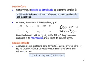 46
Solução Ótima
! Como vimos, o critério de otimalidade do algoritmo simplex é:
! Observe, pela última linha da tabela, que:
Como todos os xj ≥ 0, se c'j ≥ 0, então FO ≥ z'. Logo, como o
problema é de minimização, z' é o valor da solução ótima.
Solução Ilimitada
! A solução de um problema será ilimitada (ou seja, diverge para –∞)
se, na tabela canônica correspondente a uma SVB existir uma
coluna s tal que:
A SVB atual é ótima se todos os coeficientes de custo relativo são
não-negativos.
VB x1 ... xn -FO b
c'1 ... c'n 1 -z'
€
ʹ
cj xj − FO = −
∑ ʹ
z
FO = ʹ
z + ʹ
cj x j
∑
c's < 0 e a'is ≤ 0 (i = 1, ..., m)
 