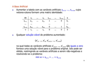 55
A Base Artificial
! Aumentar a tabela com as variáveis artificiais xn+1, ..., xn+m, cujos
vetores-coluna formam uma matriz identidade:
! Qualquer solução viável do problema aumentado:
(x'1, ..., x'n, x'n+1, ..., x'n+m)
na qual todas as variáveis artificiais x'n+1, ..., x'n+m são iguais a zero
fornece uma solução viável para o problema original. Isto pode ser
obtido, restringindo as variáveis artificiais a serem não-negativas e
resolvendo-se o problema:
min w = xn+1 + ... + xn+m
VB x1 ... xn xn+1 ... xn+m b
xn+1 a11 ... a1n 1 ... 0 b1
... ... ... ...
xn+m am1 ... amn 0 ... 1 bm
-z c1 ... cn 0 ... 0 0
 
