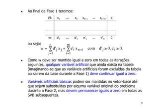 61
! Ao final da Fase 1 teremos:
ou seja:
! Como w deve ser mantido igual a zero em todas as iterações
seguintes, qualquer variável artificial que ainda exista na tabela
(imaginando-se que as variáveis artificiais foram excluídas da tabela
ao saírem da base durante a Fase 1) deve continuar igual a zero.
! Variáveis artificiais básicas podem ser mantidas no vetor-base até
que sejam substituídas por alguma variável original do problema
durante a Fase 2, mas devem permanecer iguais a zero em todas as
SVB subsequentes.
VB x1 ... xn xn+1 ... xn+m b
-w d'1 ... d'n e'1 ... e'm 0
 