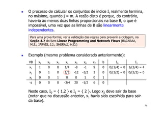 76
! O processo de calcular os conjuntos de índice Ij realmente termina,
no máximo, quando j = m. A razão disto é porque, do contrário,
haveria ao menos duas linhas proporcionais na base B, o que é
impossível, uma vez que as linhas de B são linearmente
independentes.
! Exemplo (mesmo problema considerado anteriormente):
Neste caso, I0 = { 1,2 } e I1 = { 2 }. Logo x2 deve sair da base
(notar que na discussão anterior, x1 havia sido escolhida para sair
da base).
Para uma prova formal, ver a validação das regras para prevenir a ciclagem, na
Seção 4.7 do livro Linear Programming and Network Flows (BAZARAA,
M.S.; JARVIS, J.J.; SHERALI, H.D.)
VB x1 x2 x3 x4 x5 x6 x7 b I0 I1
x1 1 0 0 1/4 -8 -1 9 0 0/(1/4) = 0 1/(1/4) = 4
x2 0 1 0 1/2 -12 -1/2 3 0 0/(1/2) = 0 0/(1/2) = 0
x3 0 0 1 0 0 1 0 1
-z 0 0 0 -3/4 20 -1/2 6 0
 