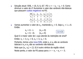 41
! Solução atual: SVB1 = (0, 0, 6, 6)T. FO: z = – x1 – x2 = 0. Como
diminuir o valor de z? Aumentar o valor das variáveis não-básicas
que possuem custos negativos na FO.
! Vamos aumentar o valor de x1, mantendo x2 = 0. Seja x1 = λ ≥ 0.
Então:
x3 = 6 - λ (x3 ≥ 0)
x4 = 6 - 2λ (x4 ≥ 0)
Qual é o maior valor de λ que atende às restrições de sinal?
Então: x1 = 3, x2 = 0, x3 = 3, x4 = 0.
Portanto, temos uma nova SVB, onde x1 e x3 são as variáveis
básicas e x2 e x4 são as variáveis não-básicas.
Note que (x1, x2) = (3, 0) é outro vértice da região viável.
Neste ponto, o valor da FO passa para z = – x1 – x2 = – 3.
VB x1 x2 x3 x4 -z b
x3 1 2 1 0 0 6
x4 2 1 0 1 0 6
-z -1 -1 0 0 1 0
λ = 3
 