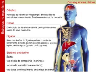 Estragos no organismo                                                              Consequências físicas

                        Cérebro
                        Redução do volume do hipocampo, dificuldades de
                        raciocínio e concentração. Perda considerável de memória

                        Ossos
                        Diminuição da densidade óssea, principalmente nos
                        ossos do sexo masculino.

                        Fígado
                        Além das lesões do fígado que leva o paciente
                        lentamente à morte, podem ocorrer gastrites, úlceras
                        e pancreatite aguda (quadro clínico grave).


                        Sistema endócrino
                        Baixa:
                        •os níveis de estrogênio (meninas);
                        •níveis de testosterona (meninos);
                        •as taxas de crescimento de ambos os sexos.
 