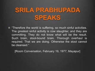 SRILA PRABHUPADA
SPEAKS
“Therefore the world is suffering, so much sinful activities.
The greatest sinful activity is cow slaughter, and they are
committing. They do not know what will be the result.
Such brain, stool-bound brain. Thorough overhaul is
required. That we are doing. Otherwise the stool cannot
be cleansed.”
[Room Conversation, February 19, 1977, Mayapur]
 