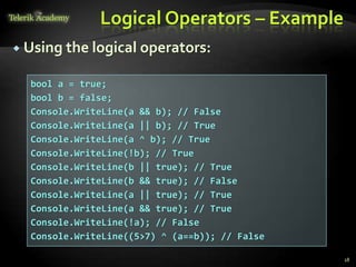 Logical Operators – Example
 Using the logical operators:
18
bool a = true;
bool b = false;
Console.WriteLine(a && b); // False
Console.WriteLine(a || b); // True
Console.WriteLine(a ^ b); // True
Console.WriteLine(!b); // True
Console.WriteLine(b || true); // True
Console.WriteLine(b && true); // False
Console.WriteLine(a || true); // True
Console.WriteLine(a && true); // True
Console.WriteLine(!a); // False
Console.WriteLine((5>7) ^ (a==b)); // False
 