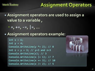 Assignment Operators
 Assignment operators are used to assign a
value to a variable ,
 =, +=, -=, |=, ...
 Assignment operators example:
28
int x = 6;
int y = 4;
Console.WriteLine(y *= 2); // 8
int z = y = 3; // y=3 and z=3
Console.WriteLine(z); // 3
Console.WriteLine(x |= 1); // 7
Console.WriteLine(x += 3); // 10
Console.WriteLine(x /= 2); // 5
 