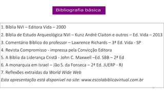 1. Bíblia NVI – Editora Vida – 2000
2. Bíblia de Estudo Arqueológica NVI – Kunz André Claiton e outros – Ed. Vida – 2013
3...