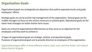Organization Goals
Organizational goals are strategically set objectives that outline expected results and guide
employees’ efforts.
Strategic goals are set by and for top management of the organization. Tactical goals are for
middle managers to focus on the actions necessary to achieve goals. Operational goals are for
lower-level managers to tackle shorter-term issues.
Goals are critical to organizational effectiveness as they serve as an objective for the
employees and they work to achieve it.
3-Types of organizational goals are strategic, tactical, and operational goals.
Purposes of organizational goals are to provide direction to employees of the organization.
Organizational goals differ in three different criteria; level, area, and time frame. Let’s look at
these criteria’s of goals:
 