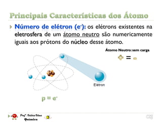 os elétrons existentes na
eletrosfera de um átomo neutro são numericamente
iguais aos prótons do núcleo desse átomo.
                                  Átomo Neutro: sem carga

                                            =
 