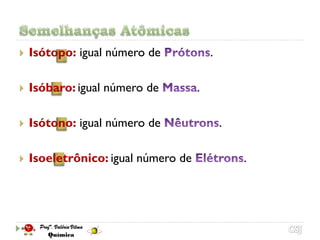   Isótopo: igual número de             .

   Isóbaro: igual número de         .

   Isótono: igual número de                 .

   Isoeletrônico: igual número de               .
 