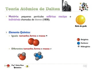                pequenas partículas            e
                chamadas de       (1808);

                                                   Bola de gude



       Iguais: tamanho, forma e massa =
                                                        Oxigênio
                                                        Carbono
                                                        Hidrogênio
       Diferentes: tamanho, forma e massa ≠
 
