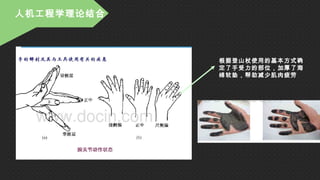 人机工程学理论结合
根据登山杖使用的基本方式确
定了手受力的部位，加厚了海
绵软垫，帮助减少肌肉疲劳
 