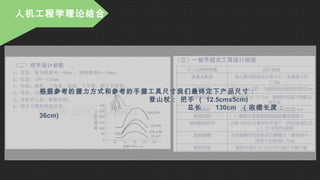 人机工程学理论结合
根据参考的握力方式和参考的手握工具尺寸我们最终定下产品尺寸：
登山杖： 把手 （ 12.5cmx5cm)
总长 130cm （收缩长度：
36cm)
 