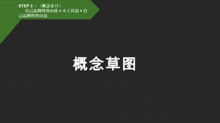 STEP 3 ：（概念 ）设计
自己品牌的登山杖 + 小工具包 + 自
己品牌的登山包
概念草图
 