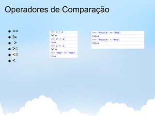 Operadores de Comparação

 ==
 !=
  >
 >=
 <=
 <
 