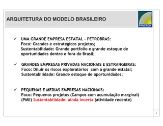 ARQUITETURA DO MODELO BRASILEIRO


     UMA GRANDE EMPRESA ESTATAL – PETROBRAS:
      Foco: Grandes e estratégicos projetos;
      Sustentabilidade: Grande portfolio e grande estoque de
      oportunidades dentro e fora do Brasil;

     GRANDES EMPRESAS PRIVADAS NACIONAIS E ESTRANGEIRAS:
      Foco: Diluir os riscos exploratórios com a grande estatal;
      Sustentabilidade: Grande estoque de oportunidades;


     PEQUENAS E MEDIAS EMPRESAS NACIONAIS:
      Foco: Pequenos projetos (Campos com acumulação marginal)
      (PME) Sustentabilidade: ainda incerta (atividade recente)


                                                                   4
 