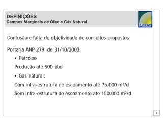 DEFINIÇÕES
Campos Marginais de Óleo e Gás Natural


Confusão e falta de objetividade de conceitos propostos

Portaria ANP 279, de 31/10/2003:
    Petróleo

   Produção até 500 bbd
    Gas natural:

   Com infra-estrutura de escoamento até 75.000 m3/d
   Sem infra-estrutura de escoamento até 150.000 m3/d


                                                          5
 