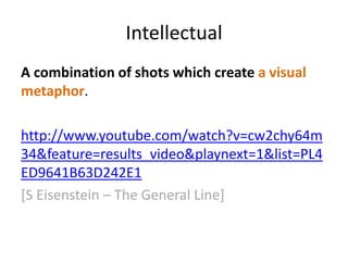 Intellectual
A combination of shots which create a visual
metaphor.

http://www.youtube.com/watch?v=cw2chy64m
34&feature=results_video&playnext=1&list=PL4
ED9641B63D242E1
[S Eisenstein – The General Line]
 