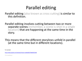 Parallel editing
Parallel editing (also known as cross cutting) is similar to
  this definition.

Parallel editing involves cutting between two or more
  separate scenes (remember, a scene is shot in a single
  location) that are happening at the same time in the
  story.

This means that the different storylines unfold in parallel
  (at the same time but in different locations).

For example:

http://video.google.com/videoplay?docid=-6568586375986045340#

[The Godfather]
 