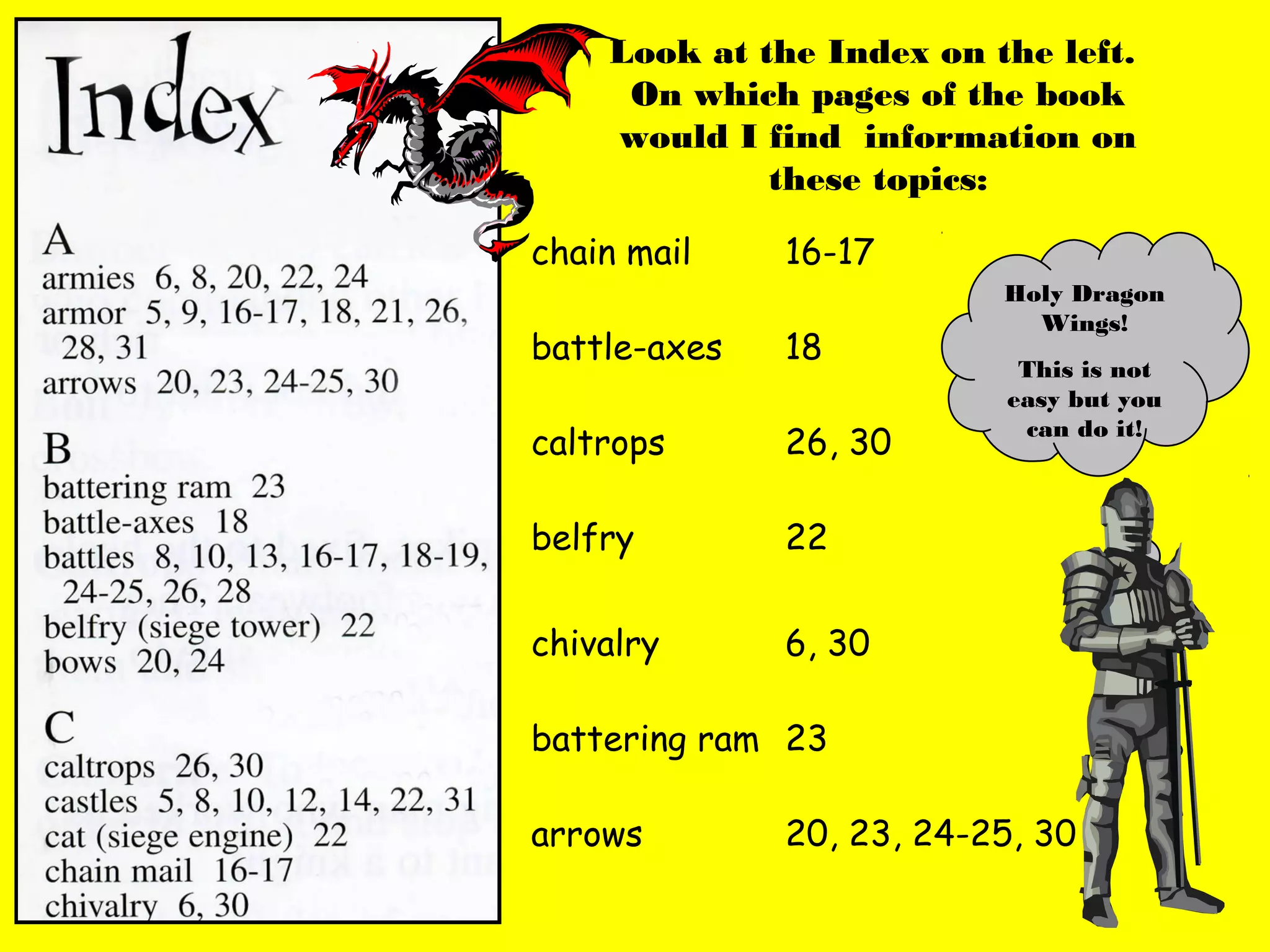 Look at the Index on the left.
     On which pages of the book
    would I find information on
             these topics:

chain mail    16-17
                          Holy Dragon
                            Wings!
battle-axes   18
                           This is not
                          easy but you
                           can do it!
caltrops      26, 30

belfry        22


chivalry      6, 30

battering ram 23

arrows        20, 23, 24-25, 30
 