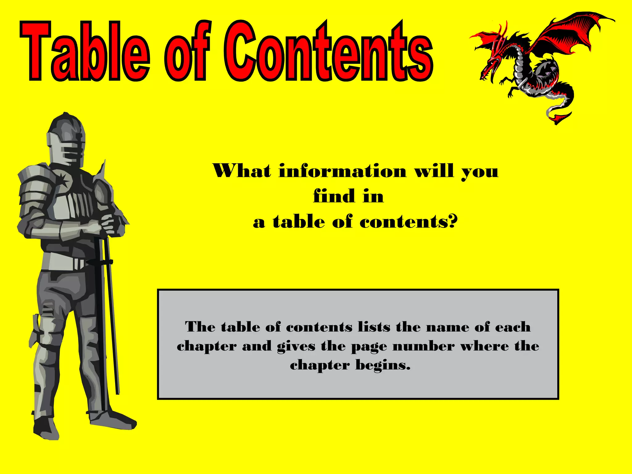 What information will you
            find in
      a table of contents?



 The table of contents lists the name of each
chapter and gives the page number where the
               chapter begins.
 