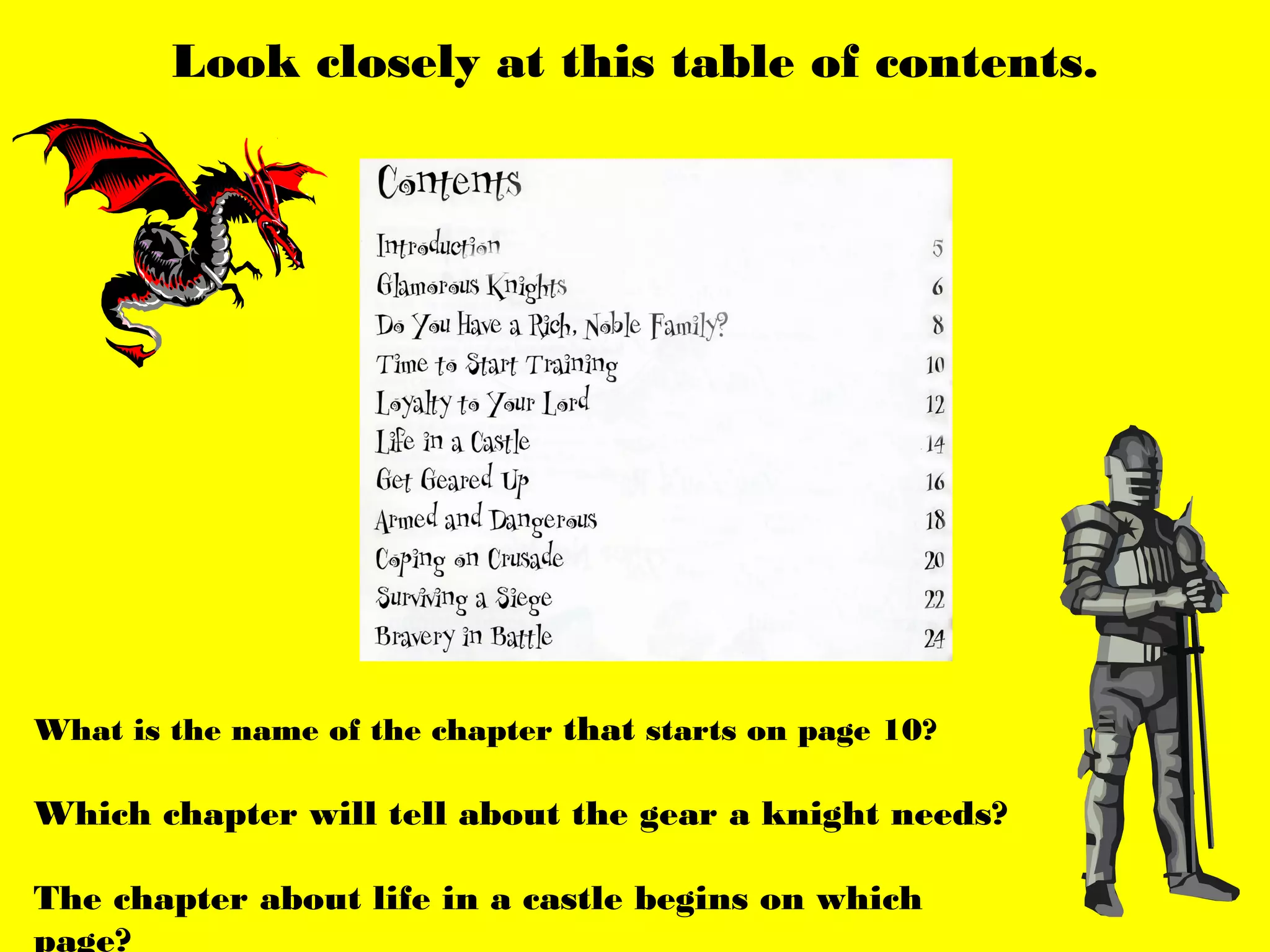 Look closely at this table of contents.




What is the name of the chapter that starts on page 10?

Which chapter will tell about the gear a knight needs?

The chapter about life in a castle begins on which
page?
 