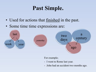 Past Simple.
• Used for actions that finished in the past.
• Some time time expressions are:
For example;
- I went to Rome last year.
- John had an accident two months ago.
last
yearweek
two
days
ago
a
century
yesterday
 