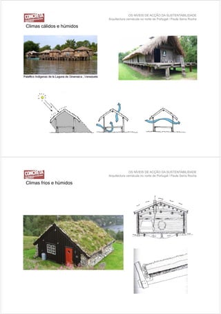 OS NÍVEIS DE ACÇÃO DA SUSTENTABILIDADE
                           Arquitectura vernácula no norte de Portugal / Paula Serra Rocha

Climas cálidos e húmidos




                                         OS NÍVEIS DE ACÇÃO DA SUSTENTABILIDADE
                           Arquitectura vernácula no norte de Portugal / Paula Serra Rocha

Climas frios e húmidos
 