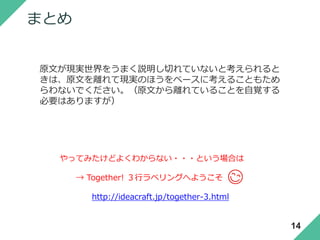 まとめ
原文が現実世界をうまく説明し切れていないと考えられると
きは、原文を離れて現実のほうをベースに考えることもため
らわないでください。（原文から離れていることを自覚する
必要はありますが）
やってみたけどよくわからない・・・という場合は
→ Together! ３行ラベリングへようこそ
http://ideacraft.jp/together-3.html
14
 