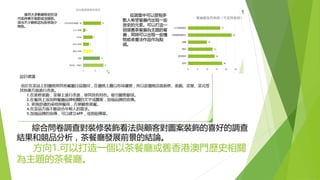 綜合問卷調查對裝修裝飾看法與顧客對圖案裝飾的喜好的調查
結果和競品分析，茶餐廳發展前景的結論。
方向1.可以打造一個以茶餐廳或舊香港澳門歷史相關
為主題的茶餐廳。
 