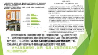 綜合問卷調查 從初體驗可發現出現餐廳品牌Logo的地方比較
少，同時從顧客選擇該餐廳就餐原因的結果可以看出餐廳品牌的影
響力較低，而且在網上基本查不到關於該餐廳品牌的詳細的介紹。
但根據網上資料品牌對于餐廳的長遠發展是非常重要的。
方向2.在餐廳裝修，裝飾，餐具，菜單等的圖案方面
突出餐廳的品牌。
 