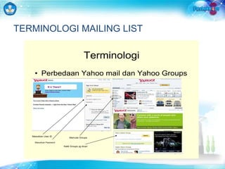 TERMINOLOGI MAILING LIST 
Terminologi 
• Perbedaan Yahoo mail dan Yahoo Groups 
Masukkan User ID 
Masukkan Password 
Memulai Groups 
Ketik Groups yg dicari 
 