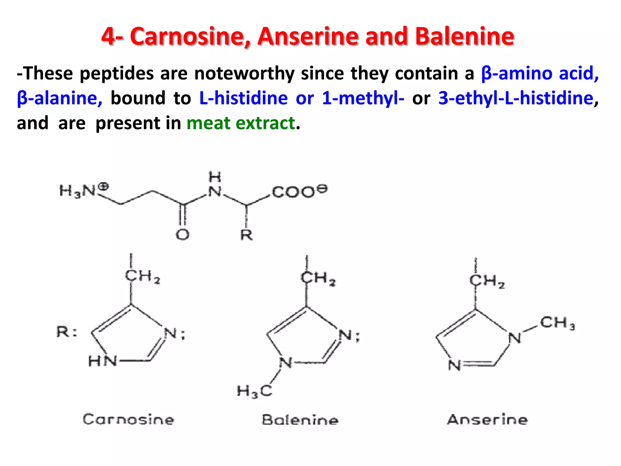 4- Carnosine, Anserine and Balenine
-These peptides are noteworthy since they contain a β-amino acid,
β-alanine, bound to L-histidine or 1-methyl- or 3-ethyl-L-histidine,
and are present in meat extract.

 