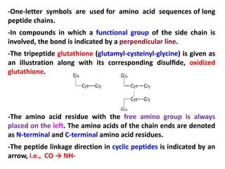 -One-letter symbols are used for amino acid sequences of long
peptide chains.
-In compounds in which a functional group of the side chain is
involved, the bond is indicated by a perpendicular line.

-The tripeptide glutathione (glutamyl-cysteinyl-glycine) is given as
an illustration along with its corresponding disulﬁde, oxidized
glutathione.

-The amino acid residue with the free amino group is always
placed on the left. The amino acids of the chain ends are denoted
as N-terminal and C-terminal amino acid residues.
-The peptide linkage direction in cyclic peptides is indicated by an
arrow, i.e., CO → NH-

 