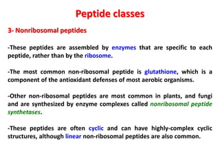 Peptide classes
3- Nonribosomal peptides
-These peptides are assembled by enzymes that are specific to each
peptide, rather than by the ribosome.
-The most common non-ribosomal peptide is glutathione, which is a
component of the antioxidant defenses of most aerobic organisms.
-Other non-ribosomal peptides are most common in plants, and fungi
and are synthesized by enzyme complexes called nonribosomal peptide
synthetases.

-These peptides are often cyclic and can have highly-complex cyclic
structures, although linear non-ribosomal peptides are also common.

 