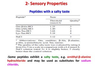 2- Sensory Properties
Peptides with a salty taste

-Some peptides exhibit a salty taste, e.g. ornithyl-β-alanine
hydrochloride and may be used as substitutes for sodium
chloride.

 