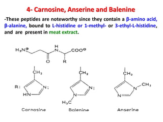4- Carnosine, Anserine and Balenine
-These peptides are noteworthy since they contain a β-amino acid,
β-alanine, bound to L-histidine or 1-methyl- or 3-ethyl-L-histidine,
and are present in meat extract.

 