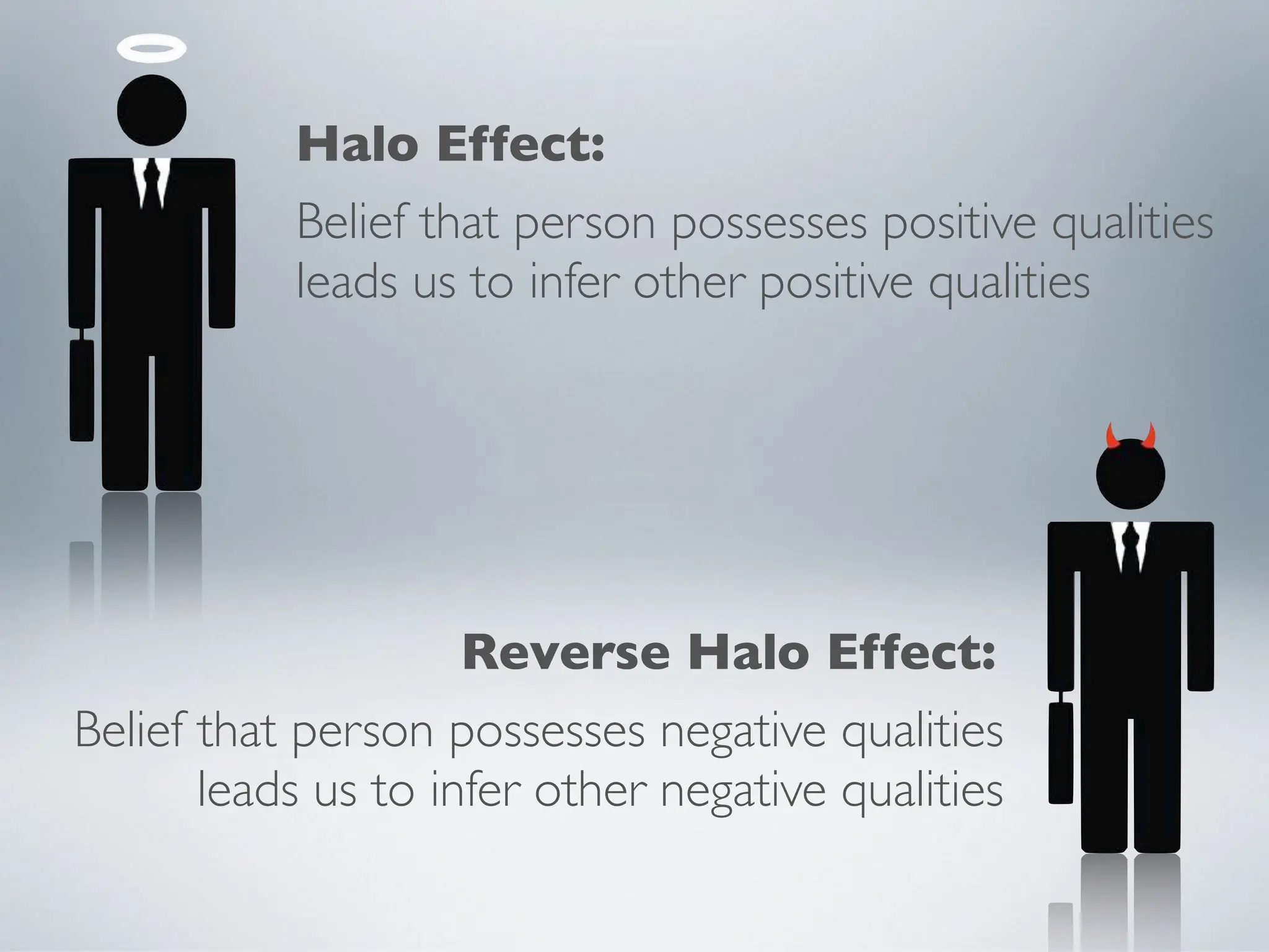 Halo Effect:
Reverse Halo Effect:
Belief that person possesses positive qualities
leads us to infer other positive qualities
Belief that person possesses negative qualities
leads us to infer other negative qualities
 