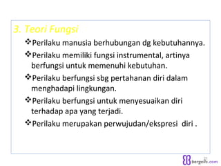 3. Teori Fungsi
Perilaku manusia berhubungan dg kebutuhannya.
Perilaku memiliki fungsi instrumental, artinya
berfungsi untuk memenuhi kebutuhan.
Perilaku berfungsi sbg pertahanan diri dalam
menghadapi lingkungan.
Perilaku berfungsi untuk menyesuaikan diri
terhadap apa yang terjadi.
Perilaku merupakan perwujudan/ekspresi diri .
21
 