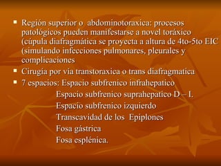Región superior o  abdominotoraxica: procesos patológicos pueden manifestarse a novel toráxico (cúpula diafragmática se proyecta a altura de 4to-5to EIC (simulando infecciones pulmonares, pleurales y complicaciones  Cirugía por vía transtoraxica o trans diafragmatica  7 espacios: Espacio subfrenico infrahepatico  Espacio subfrenico suprahepatico D – I. Espacio subfrenico izquierdo Transcavidad de los  Epiplones Fosa gástrica Fosa esplénica. 