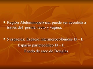 Región Abdominopelvica: puede ser accedida a través del  periné, recto y vagina. 5 espacios: Espacio intermesocolónicos D – I.   Espacio parietocólico D – I. Fondo de saco de Douglas  