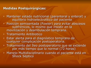Medidas Postquirúrgicas: Mantener estado nutricional (parenteral y enteral) y  equilibrio hidroelectrolítico del paciente Posición semisentada (Fowler) para evitar abscesos  subfrénicos, lo mismo que insistir en la  movilización y deambulación temprana.  Tratamiento Antibiótico Estar alerta para el diagnóstico temprano de  cualquier complicación postoperatoria. Tratamiento del Íleo postoperatorio que se extiende  por más tiempo que lo normal (72 horas)  Manejo Multidisciplinario cuando el paciente está en  Shock Séptico  
