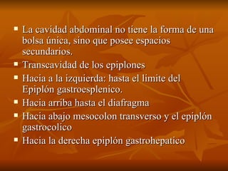 La cavidad abdominal no tiene la forma de una bolsa única, sino que posee espacios secundarios. Transcavidad de los epiplones  Hacia a la izquierda: hasta el limite del  Epiplón gastroesplenico.  Hacia arriba hasta el diafragma  Hacia abajo mesocolon transverso y el epiplón gastrocolico Hacia la derecha epiplón gastrohepatico 