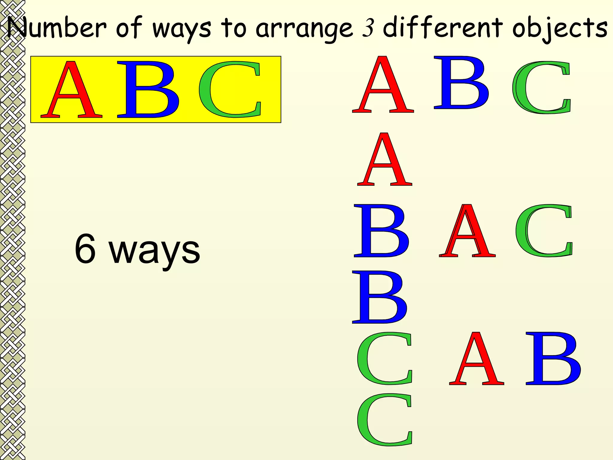 Number of ways to arrange  3  different objects A B C A B C B B A C C A C A B C B A 6 ways A B C 