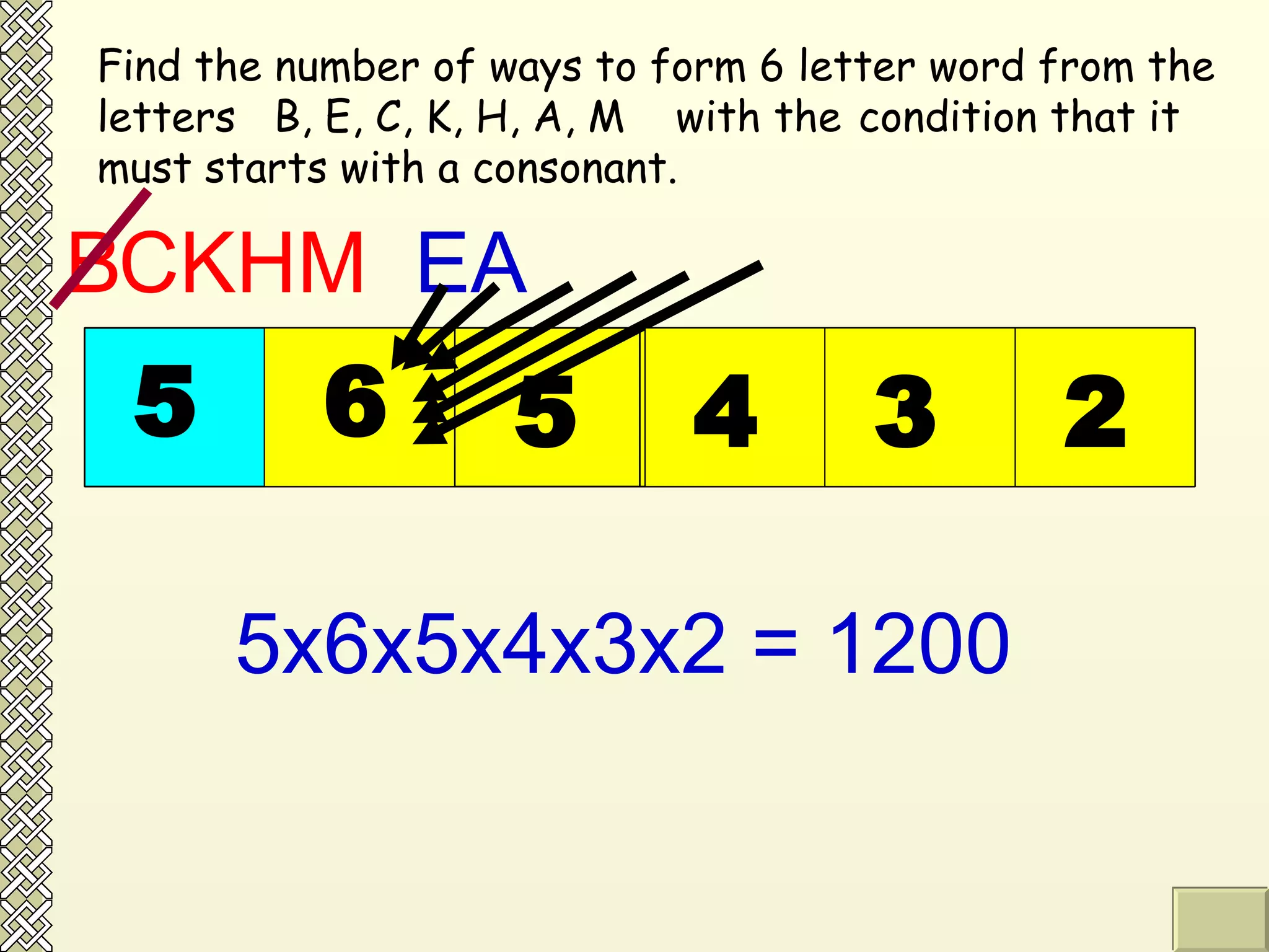 Find the number of ways to form 6 letter word from the letters  B, E, C, K, H, A, M  with the  condition that it must starts with a consonant.  B  CKHM 5 EA 6 5 5x6x5x4x3x2 = 1200 4 3 2 