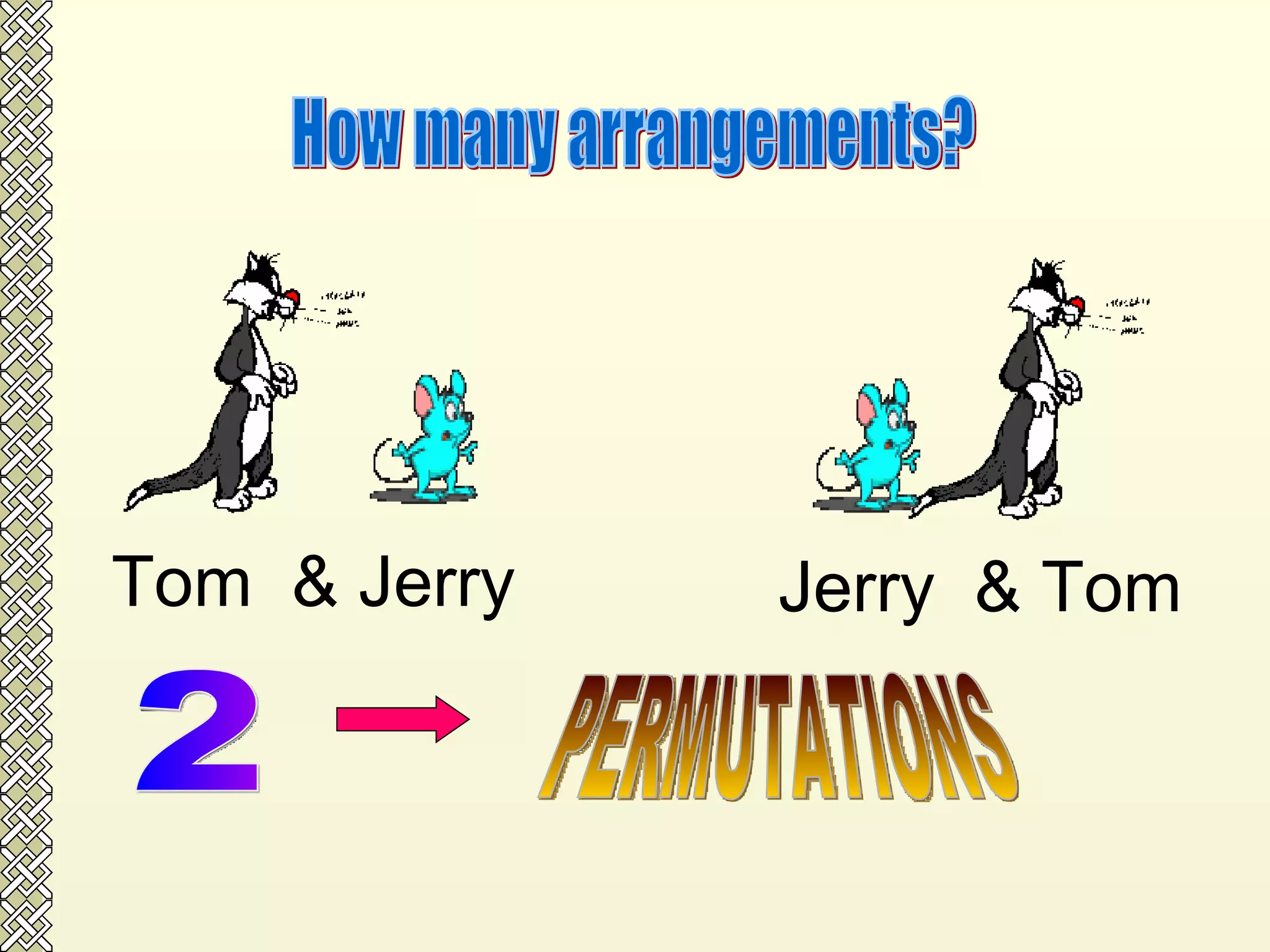 Tom  & Jerry Jerry  & Tom How many arrangements? 2 PERMUTATIONS 