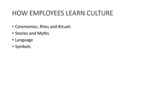 HOW EMPLOYEES LEARN CULTURE
• Ceremonies, Rites and Rituals
• Stories and Myths
• Language
• Symbols
 