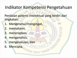 Indikator Kompetensi Pengetahuan
Penilaian potensi intelektual yang terdiri dari
tingkatan:
1. Mengetahui/mengingat,
2. memahami,
3. menerapkan,
4. menganalisis,
5. mengevaluasi, dan
6. Mencipta.
 