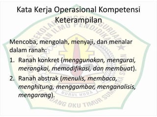 Kata Kerja Operasional Kompetensi
Keterampilan
Mencoba, mengolah, menyaji, dan menalar
dalam ranah:
1. Ranah konkret (menggunakan, mengurai,
merangkai, memodifikasi, dan membuat).
2. Ranah abstrak (menulis, membaca,
menghitung, menggambar, menganalisis,
mengarang).
 
